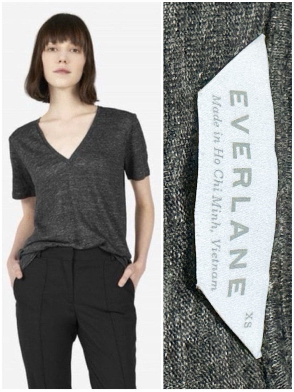 Everlane Linen Oversized Fit V-Neck Tee Charcoal Grey Short Sleeve Knit T-Shirt